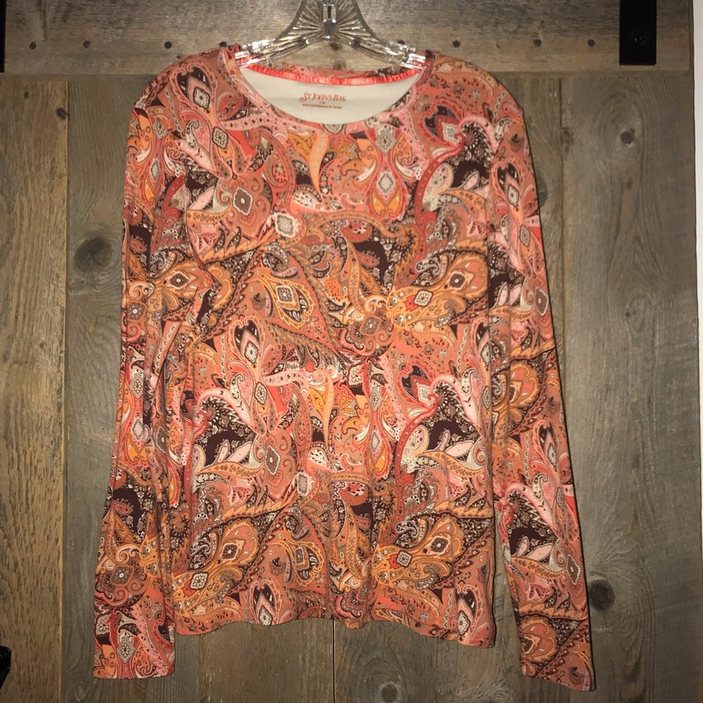 Women’s L St John’s Bay Orange Paisley Print Long Sleeve Pullover Crewneck Top